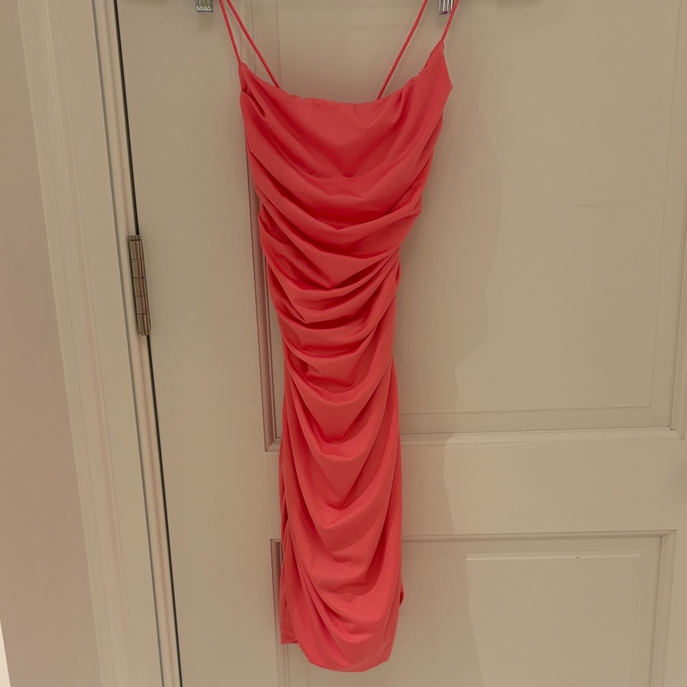 Amazon Coral Ruched Mini Dress